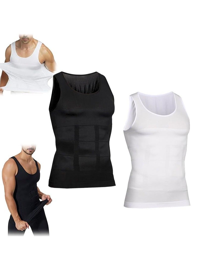 Apustim 2pcs Men's Body Shaper Slimming Abdomen Vest Thermal Compression Shirt Vest Body Shaper for Belly Control （Black+White） - Image 1