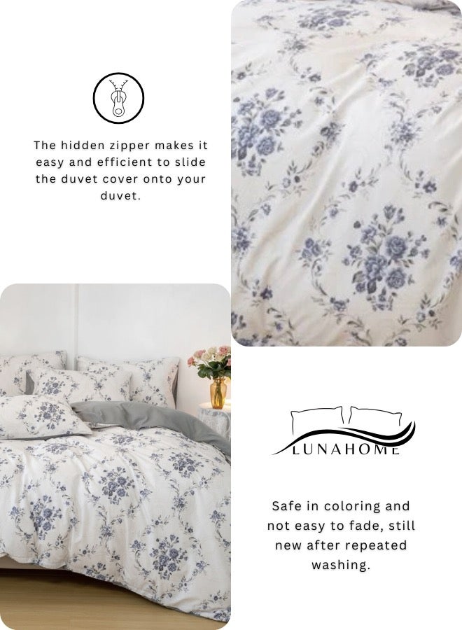 لونا هوم طقم سرير مكون من 6 قطع بمقاس كوين بدون حشو بتصميم بوهيمي مع زهور زرقاء. - Image 4