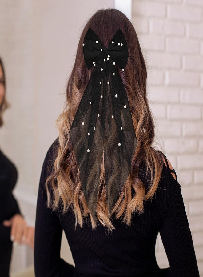 CHIROGRAPHY 1 Pcs Luxury Bridal Pearl Hair Bow Veil Bridesmaid Large Hair Bow Wedding Veil with Barrette Bachelorette Party Decorations Bridal Bridesmaid Gift (Black) - Image 2