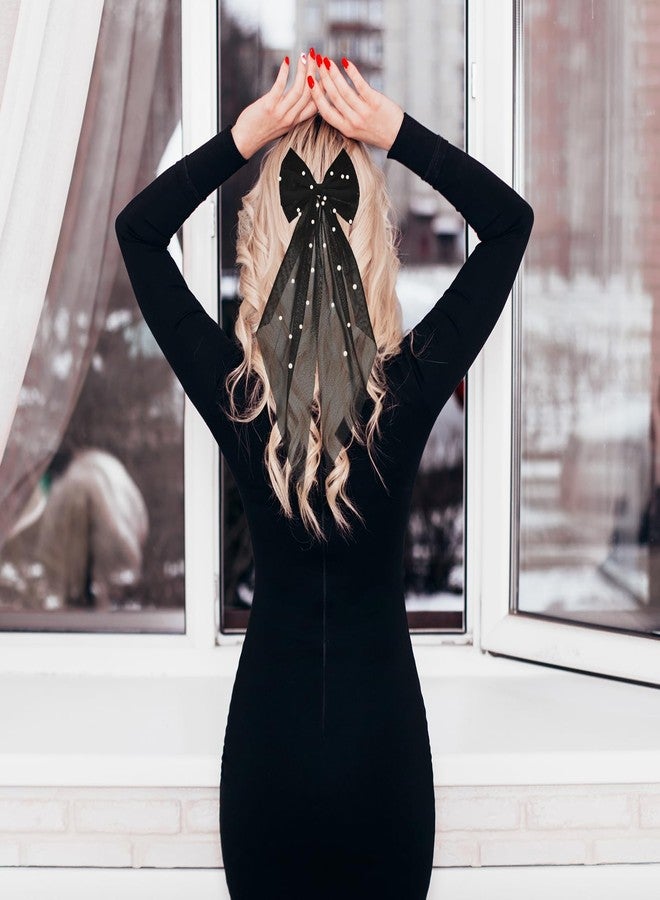 CHIROGRAPHY 1 Pcs Luxury Bridal Pearl Hair Bow Veil Bridesmaid Large Hair Bow Wedding Veil with Barrette Bachelorette Party Decorations Bridal Bridesmaid Gift (Black) - Image 4