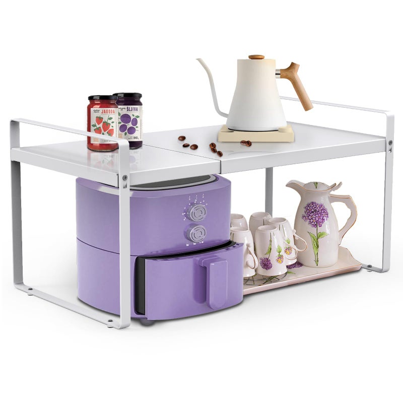 Yuleimy Expandable Cabinet Countertop Shelves, 9" Deep Cabinet Shelf Organizer Riser for Kitchen Pantry Cupboard Under Sink Countertop Organization Storage, Adjustable Metal Organizer Shelf with Nonslip Legs - Image 1