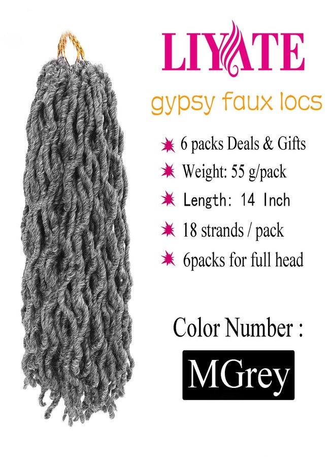 Liyate 6 Packs Goddess Faux Locs Crochet Hair 14 Inch Grey Crochet Hair for Black Women, Pre looped Gypsy locs Crochet Braids Mix Silver Grey Soft Wavy Dreadlocks Hair Extensions,MGrey - Image 2