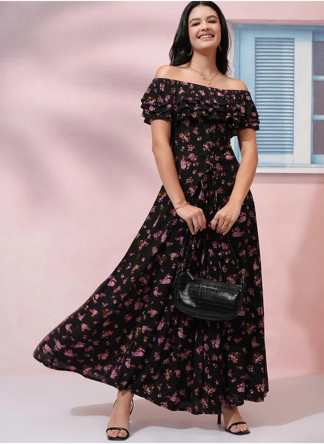 Tokyo Talkies All-Over Floral Print Ruffled Off Shoulder Neck Maxi Dress