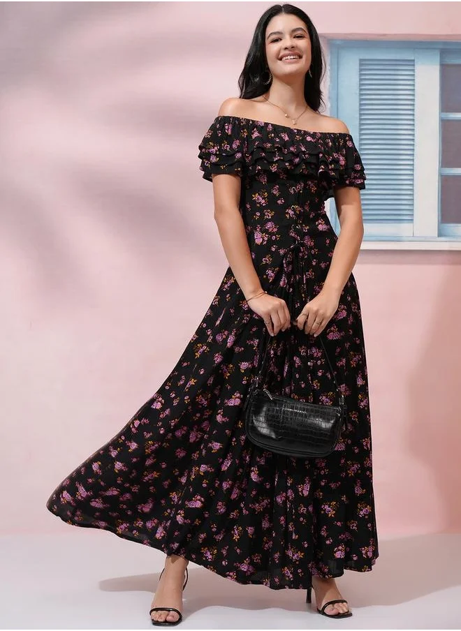 Tokyo Talkies All-Over Floral Print Ruffled Off Shoulder Neck Maxi Dress