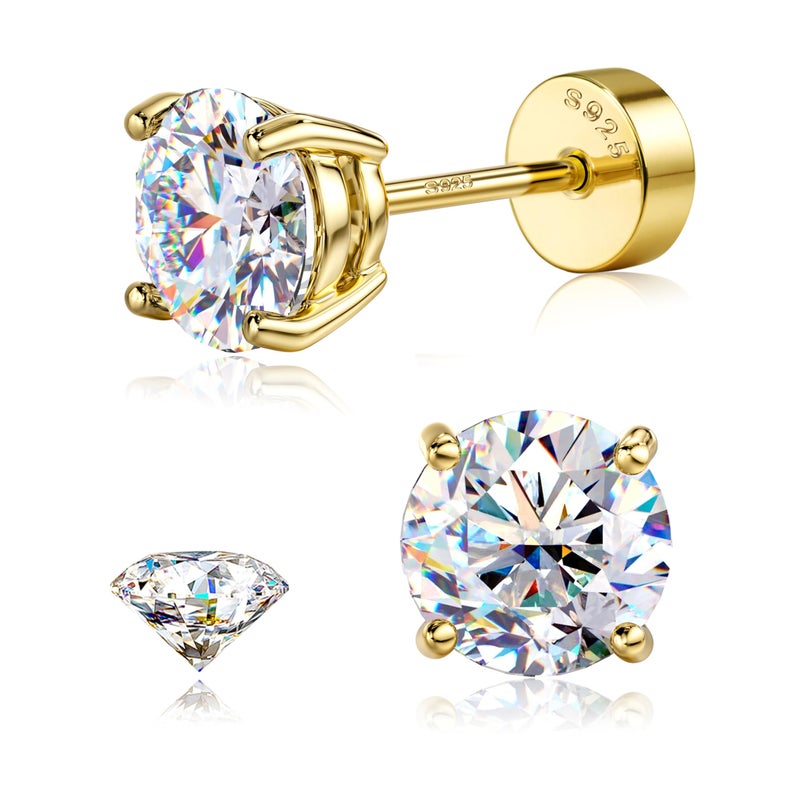 GEMQUEEN Moissanite Earrings 14K Gold Plated 925 Sterling Silver Flat Back Earring for Women Men Cartilage Helix Piercing Jewelry Big Stud 2CT D Color Lab Created Hypoallergenic