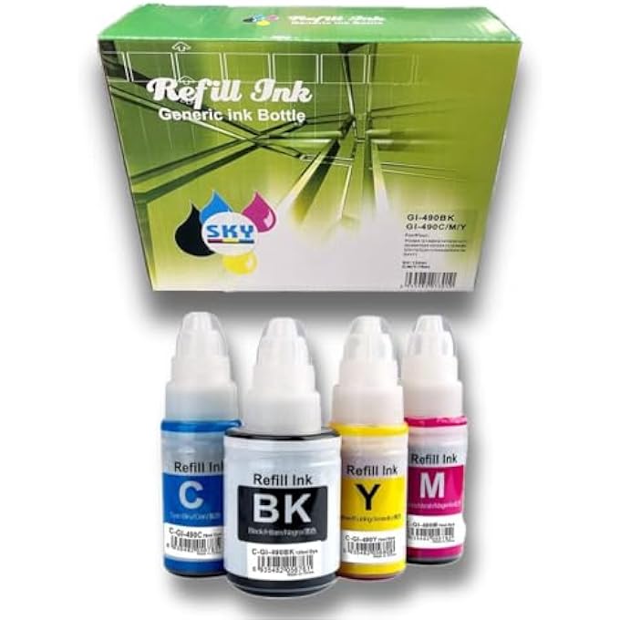 4-PACK 490 REFILL INK KIT COMPATIBLE WITH GI-490 (BLACK 135ML, CYAN MAGENTA YELLOW 70ML FOR GI2410 GI3410 GI3411 PRINTERS - Image 3