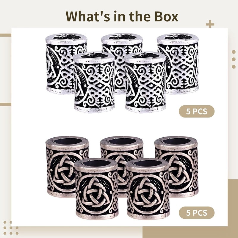 10 Viking Beard Beads With Celtic Designs, Nordic Rune Dreadlock Beads In Antique Silver And Bronze - Image 2