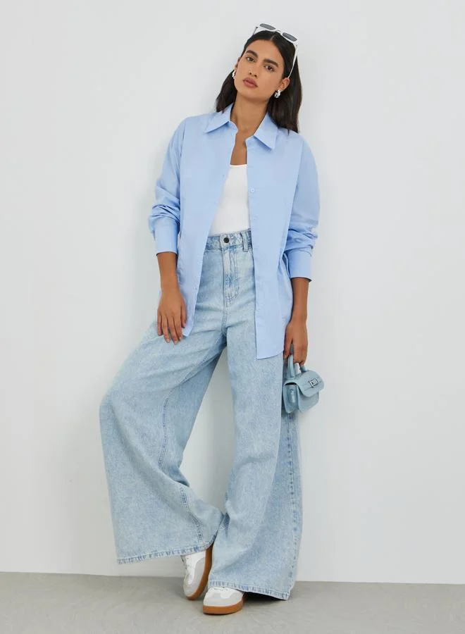 Styli Styli Solid Spread Collar Long Sleeve Shirt
