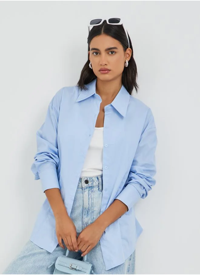 Styli Styli Solid Spread Collar Long Sleeve Shirt