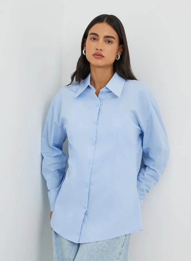 Styli Solid Spread Collar Long Sleeve Shirt