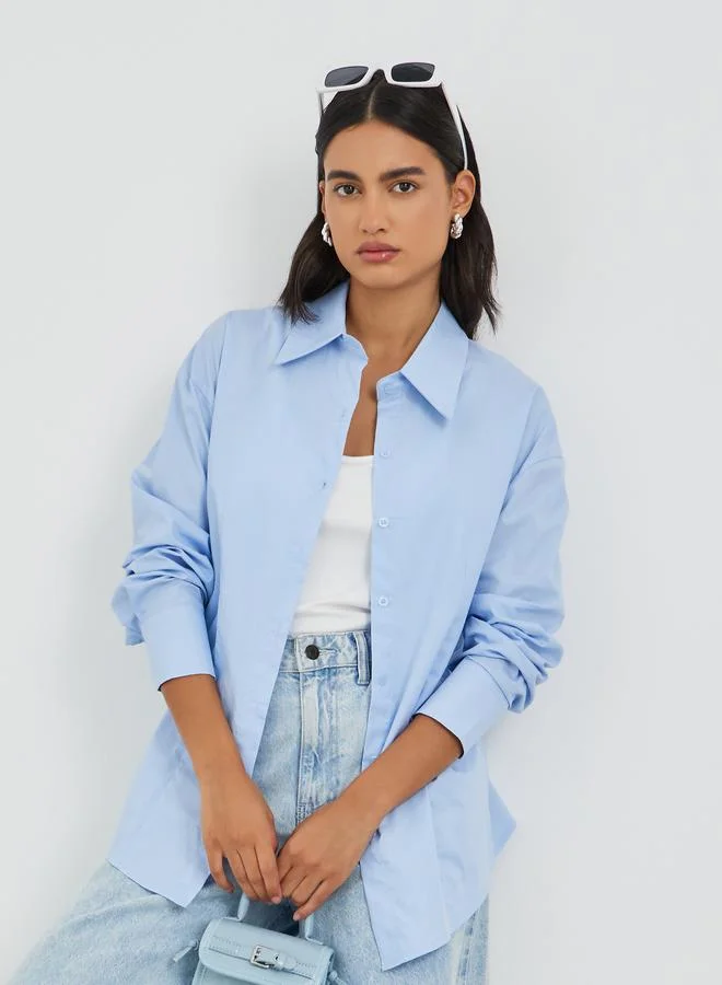 Styli Solid Spread Collar Long Sleeve Shirt