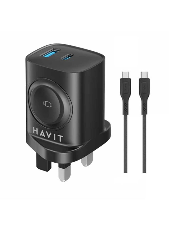 havit Travel Charger 22W with Watch Charger & USB-C To USB-C Cable - Black - Image 1