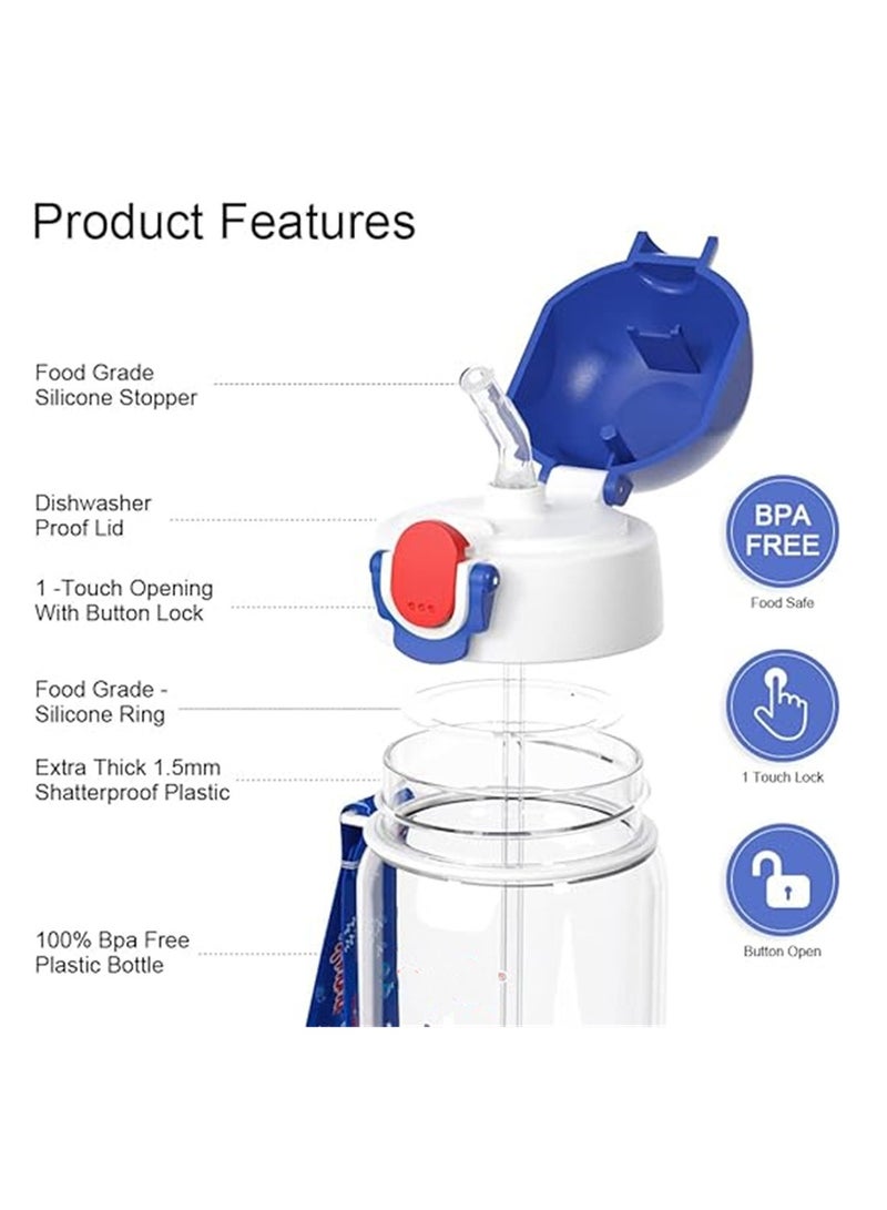 KASTWAVE Kids Water Bottle With Straw, Bpa Free, Flip Nozzle, Child Water Bottle With Two Lids, Carry Loop Lightweight, Leak-Proof, 500Ml Drinking Bottle  - Image 2