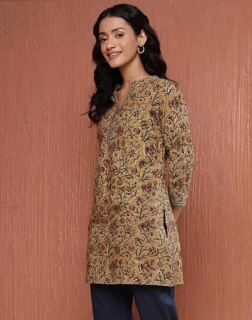 Fabindia Mustard Cotton Kalamkari Printed Short Kurta