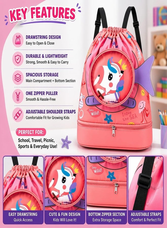 AMYCAUR Swim Bag for Girls (1 Pcs) Portable Cute Drawstring Backpack for Kids - Dry and Wet Separation with Shoes Compartment - Drawstring Beach, Swimming Pool and Travel Backpack (Pink) - Image 4
