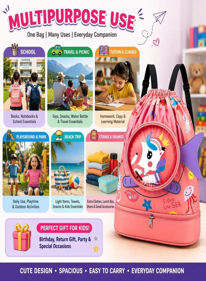 AMYCAUR Swim Bag for Girls (1 Pcs) Portable Cute Drawstring Backpack for Kids - Dry and Wet Separation with Shoes Compartment - Drawstring Beach, Swimming Pool and Travel Backpack (Pink) - Image 3