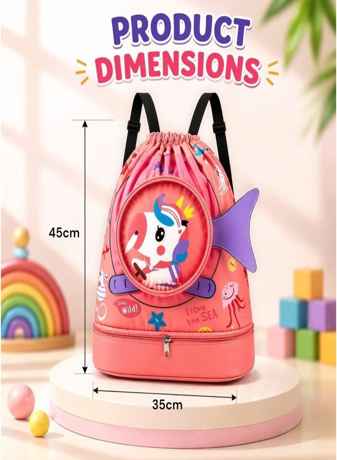 AMYCAUR Swim Bag for Girls (1 Pcs) Portable Cute Drawstring Backpack for Kids - Dry and Wet Separation with Shoes Compartment - Drawstring Beach, Swimming Pool and Travel Backpack (Pink) - Image 2