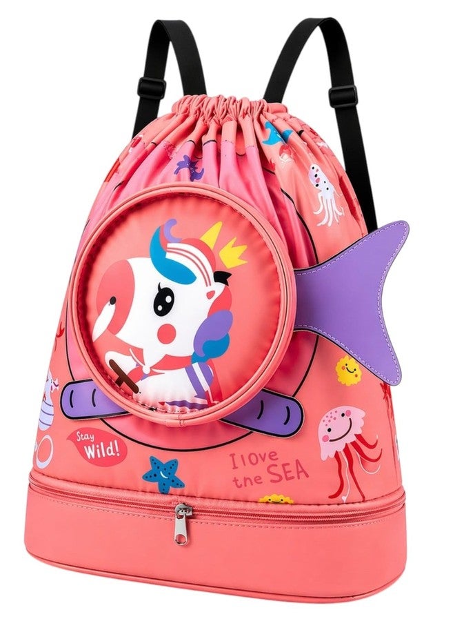 AMYCAUR Swim Bag for Girls (1 Pcs) Portable Cute Drawstring Backpack for Kids - Dry and Wet Separation with Shoes Compartment - Drawstring Beach, Swimming Pool and Travel Backpack (Pink) - Image 1