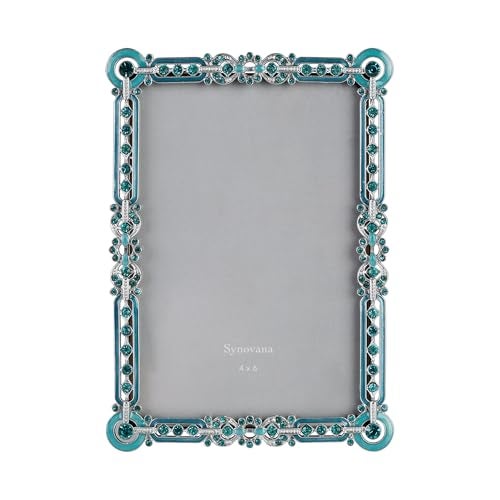 Synovana Romantic Jeweled 4x6 Photo Frame – Silver with Blue Crystal Accents, Ornate Vintage-Style Picture Frame for Tabletop Display Gift - Image 1