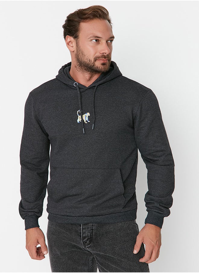 trendyol Anthracite Basic Regular Cut Hooded False Sleeve Embroidered Sweatshirt TMNAW23SW00193  - Image 1