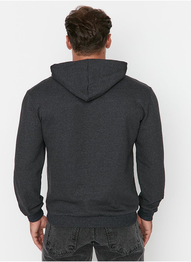 trendyol Anthracite Basic Regular Cut Hooded False Sleeve Embroidered Sweatshirt TMNAW23SW00193  - Image 5