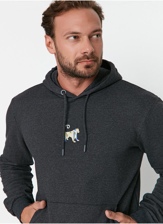 trendyol Anthracite Basic Regular Cut Hooded False Sleeve Embroidered Sweatshirt TMNAW23SW00193  - Image 2