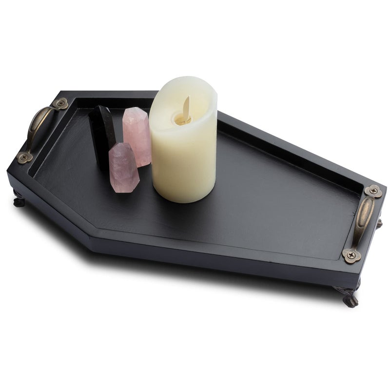 IRISVITA Coffin Tray Redesigned  Gothic Decor for Home Spooky Decorative Tray Goth Room Decor Black Wooden Tray for Holding Crystal Jewelry Skull Mugs Candles Essential Oil