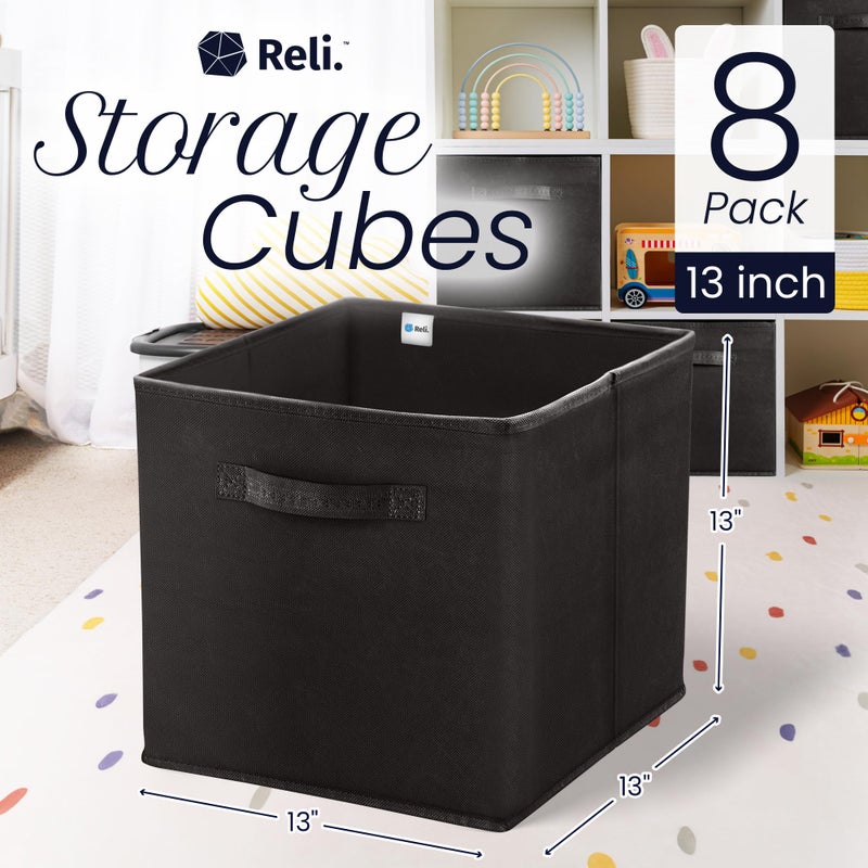 Reli. 13x13x13 Storage Cube Bins (8 Pack) | Large Cube Organizer Bins | 13x13 Fabric Storage Boxes | Fits Kallax | Collapsible, Foldable Fabric Cubby Box (Square) | Kids Room Organization (Black) - Image 2