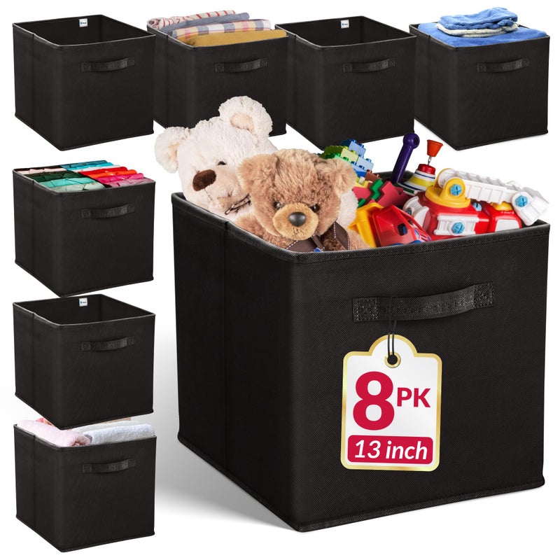 Reli. 13x13x13 Storage Cube Bins (8 Pack) | Large Cube Organizer Bins | 13x13 Fabric Storage Boxes | Fits Kallax | Collapsible, Foldable Fabric Cubby Box (Square) | Kids Room Organization (Black) - Image 1