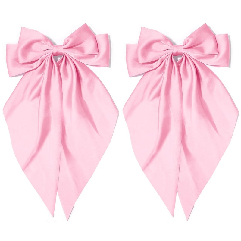 2Pcs Silky Satin Hair Bows in Satin Pink with Long Tail for Women  Coquette Ribbon Hair Clips Aesthetic Accessories