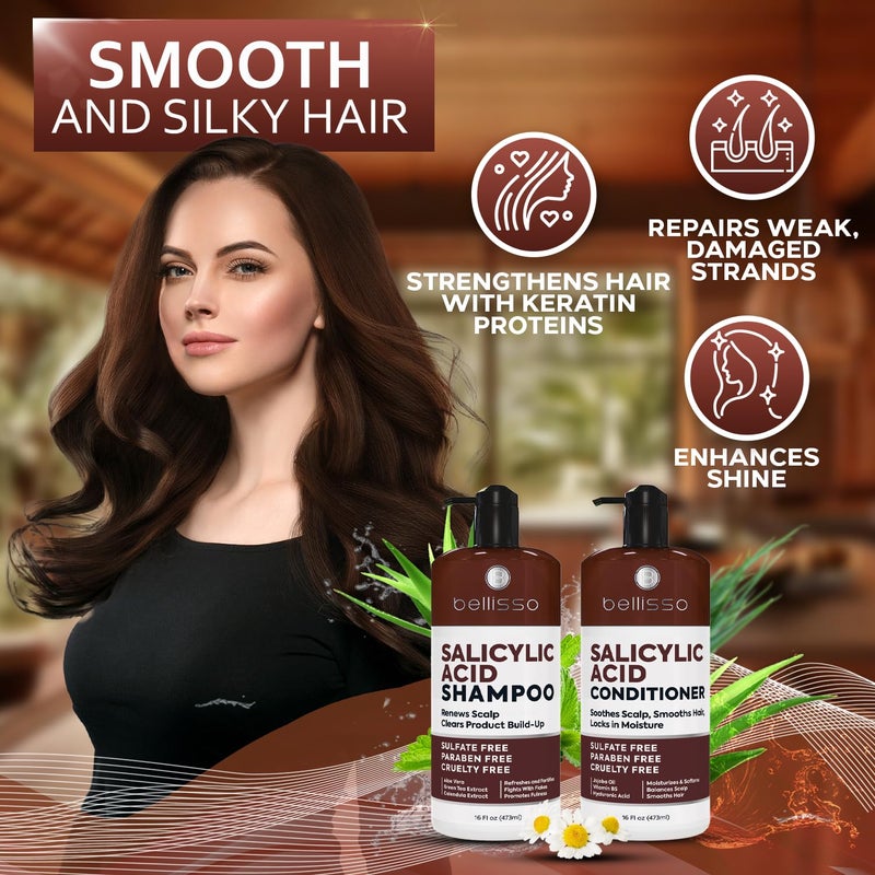 BELLISSO Salicylic Acid Shampoo and Conditioner Set - Scalp Exfoliator Formula for Flakes - Anti Dandruff and Itch Relief for Women and Men - Sulfate and Paraben Free - For Dry, Flaky, Itchy and Oily Hair - Image 4