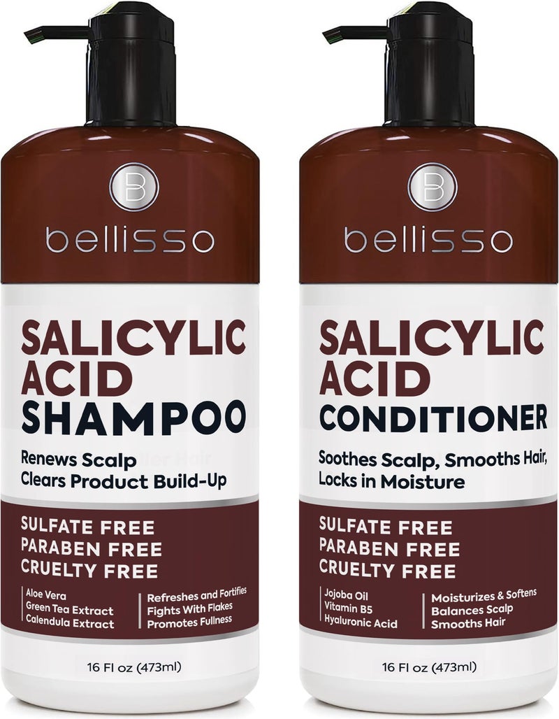 BELLISSO Salicylic Acid Shampoo and Conditioner Set - Scalp Exfoliator Formula for Flakes - Anti Dandruff and Itch Relief for Women and Men - Sulfate and Paraben Free - For Dry, Flaky, Itchy and Oily Hair - Image 1