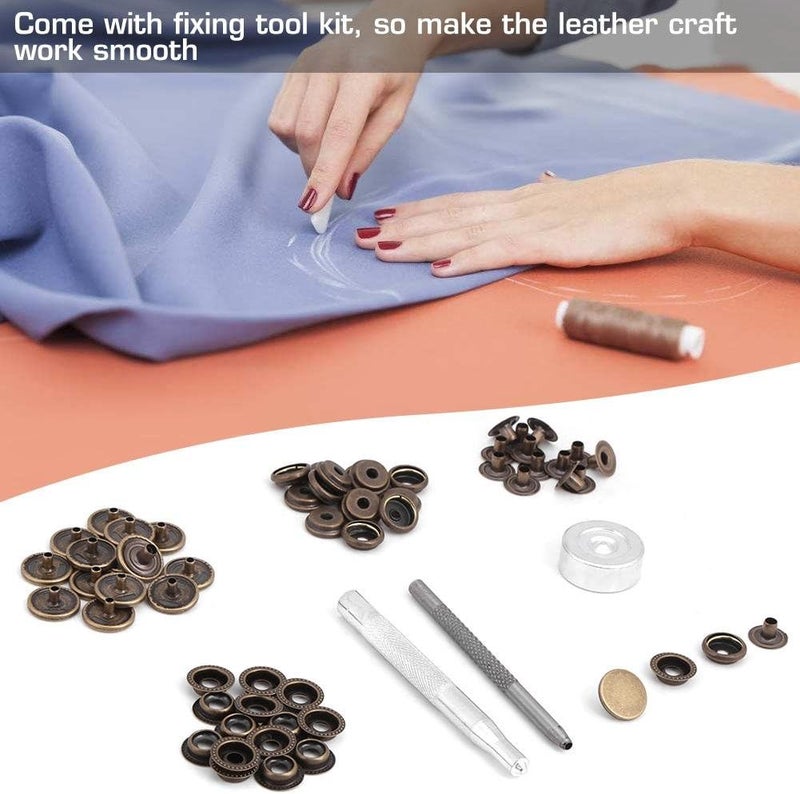 كلاراكو مجموعة أزرار معدنية كبس، 15 مجموعة أزرار معدنية كبس مع أزرار كبس، أداة للحرف الجلدية، ملابس، جاكيتات، حقائب، طقم أدوات إصلاح، مجموعة أزرار كبس ومشابك للجلد - Image 2