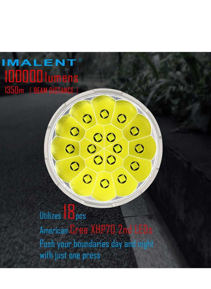 IMALENT - IMALENT MS18 Brightest Flashlight 100,000 Lumens, 18pcs Cree XHP70 2nd LEDs,Long Throw Up to 1350 meters, with OLED Display and Built-in Cooling Tools - Image 1