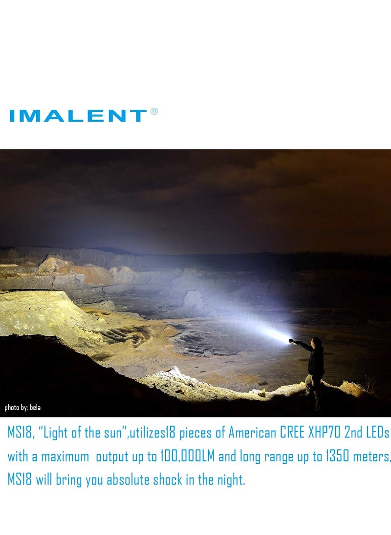 IMALENT - IMALENT MS18 Brightest Flashlight 100,000 Lumens, 18pcs Cree XHP70 2nd LEDs,Long Throw Up to 1350 meters, with OLED Display and Built-in Cooling Tools - Image 1