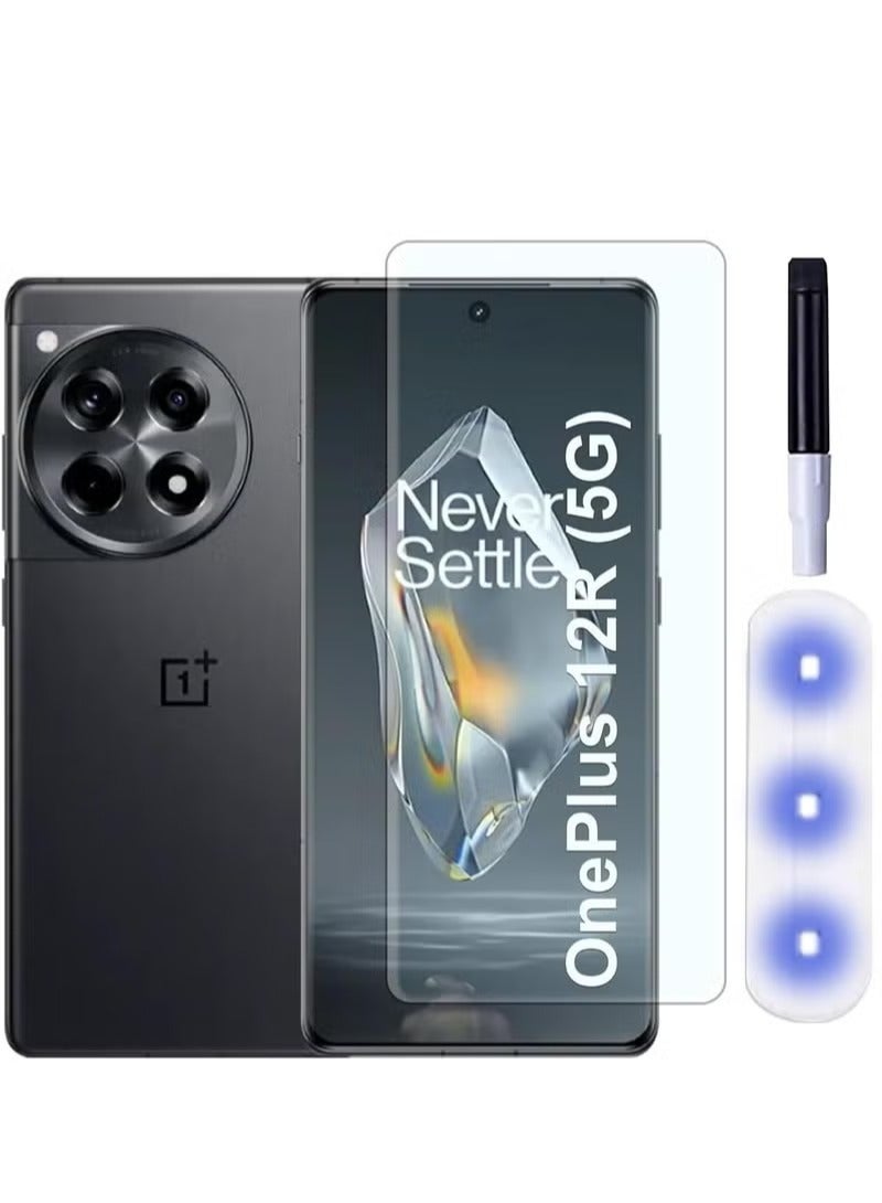 أوميكسبرو زجاج مقوى لهاتف OnePlus 12R 5G واقي شاشة من الأشعة فوق البنفسجية مع غراء كامل من الحافة إلى الحافة، زجاج مقوى منحني ثلاثي الأبعاد متوافق مع بصمات الأصابع ومضاد للخدش وصلابة 9H لهاتف OnePlus 12R 5G - Image 1