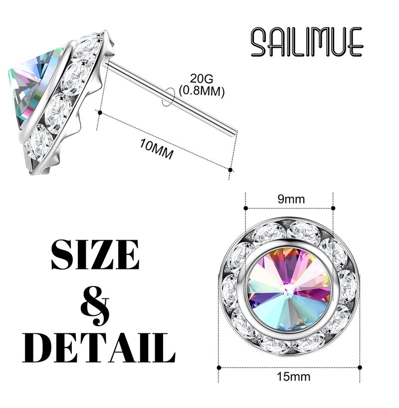 SAILIMUE 15Pairs Rhinestone Earrings For Women Dance Competition Performance Ballet Stud Earrings Stainless Steel Round Acrylic Stone Inside Rhinestone Crystal Halo Dance Competition Earrings Set 15mm - Image 2