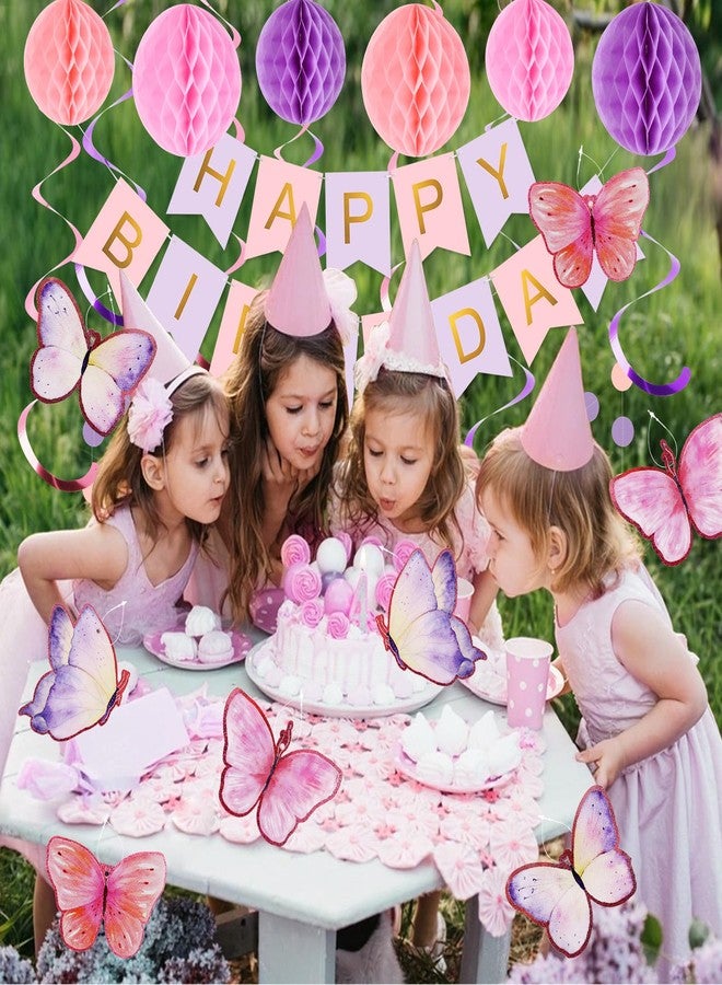 زينة عيد ميلاد رائعة، لافتة عيد ميلاد سعيد مع كرات على شكل خلية نحل، شرائط متدلية على شكل فراشات، إكليل من النقاط الدائرية، زينة حفلات عيد ميلاد سعيد للنساء والرجال والأولاد والبنات (بنفسجي) - Image 5