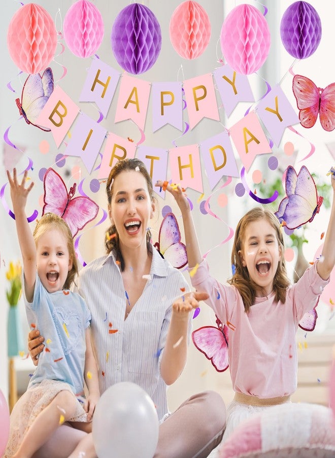 زينة عيد ميلاد رائعة، لافتة عيد ميلاد سعيد مع كرات على شكل خلية نحل، شرائط متدلية على شكل فراشات، إكليل من النقاط الدائرية، زينة حفلات عيد ميلاد سعيد للنساء والرجال والأولاد والبنات (بنفسجي) - Image 3