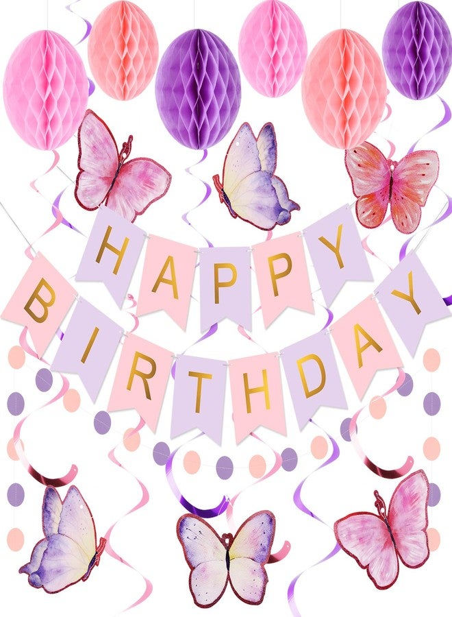 زينة عيد ميلاد رائعة، لافتة عيد ميلاد سعيد مع كرات على شكل خلية نحل، شرائط متدلية على شكل فراشات، إكليل من النقاط الدائرية، زينة حفلات عيد ميلاد سعيد للنساء والرجال والأولاد والبنات (بنفسجي) - Image 1