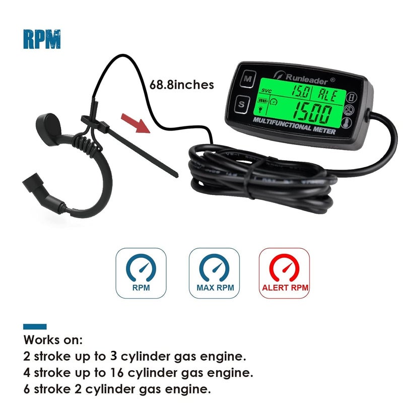 Runleader Digital Tach Hour Meter with Engine Temperature Gauge and RPM Alert - Image 3