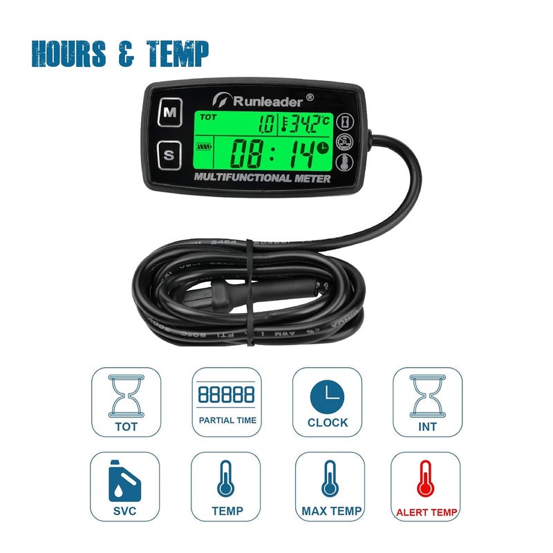Runleader Digital Tach Hour Meter with Engine Temperature Gauge and RPM Alert - Image 2