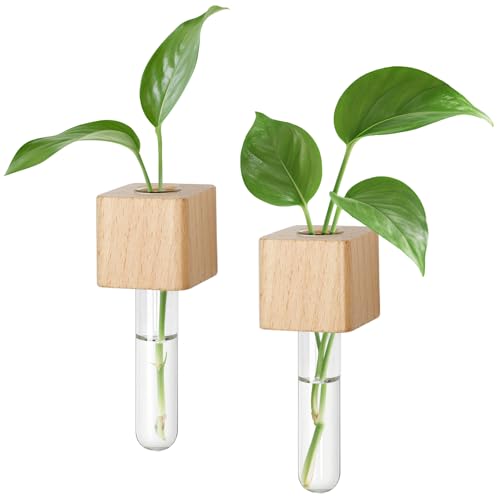 OtGalk Magnetic Test Tube Flower Vases for Refrigerator, Set of 2 Wooden Fridge Magnet Planters with Glass Tubes Light & Dark Wood Color, Propagation Station for Hydroponic Display (No Plant Included) - Image 1