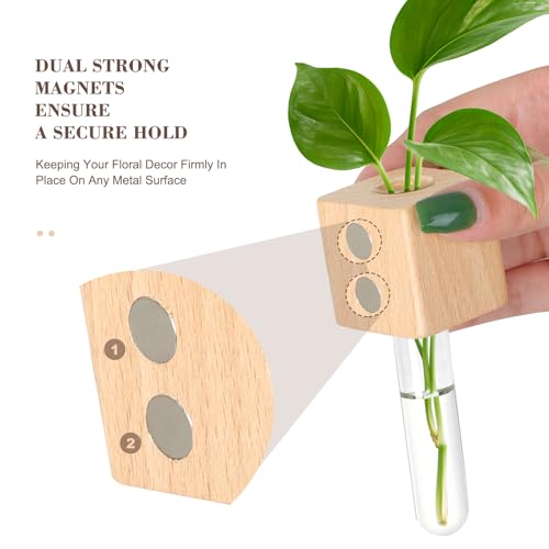 OtGalk Magnetic Test Tube Flower Vases for Refrigerator, Set of 2 Wooden Fridge Magnet Planters with Glass Tubes Light & Dark Wood Color, Propagation Station for Hydroponic Display (No Plant Included) - Image 5