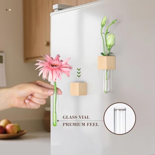 OtGalk Magnetic Test Tube Flower Vases for Refrigerator, Set of 2 Wooden Fridge Magnet Planters with Glass Tubes Light & Dark Wood Color, Propagation Station for Hydroponic Display (No Plant Included) - Image 2