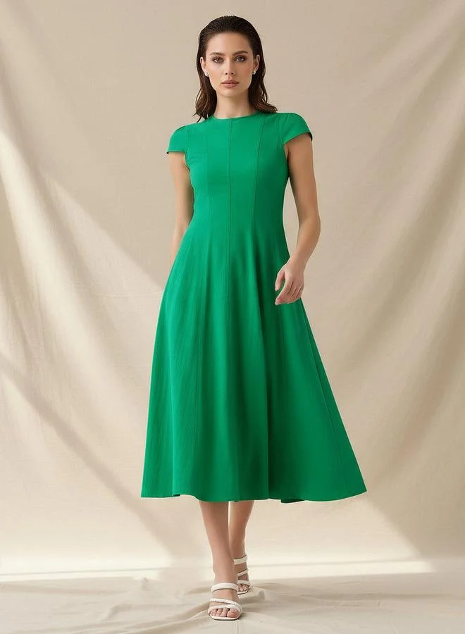 Iconic A line Midi Dress with Cap Sleeves
