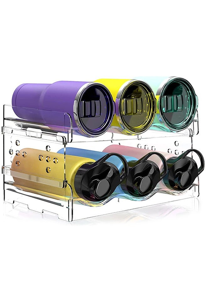 LENND Water Bottle Organizer - 2 Pack Stackable Cup Organizer for Cabinet, Countertop, Pantry and Fridge, Free-Standing Tumbler Kitchen Storage Holder for Wine and Drink Bottles, Clear Plastic  - Image 1