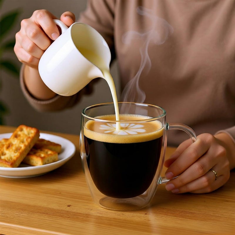 SHANDERBAR Set of 4 Double Walled Glass Coffee Mugs with Handles, 12oz Clear Coffee Mugs for Hot/Cold Beverages, Insulated Borosilicate Glass Cups for Cappuccino, Espresso, Latte, Tea, Milk, Microwave Safe - Image 2