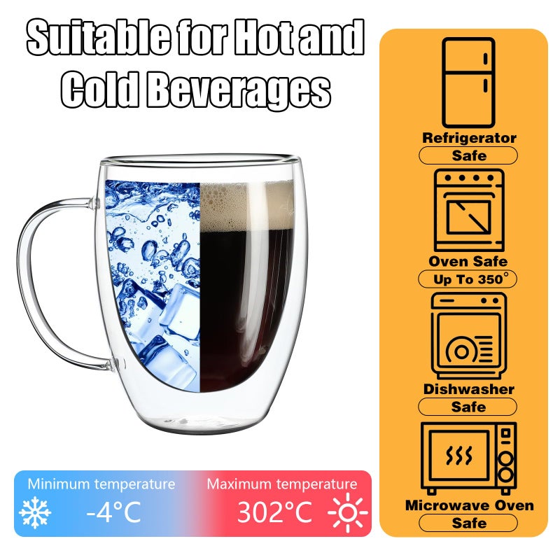 SHANDERBAR Set of 4 Double Walled Glass Coffee Mugs with Handles, 12oz Clear Coffee Mugs for Hot/Cold Beverages, Insulated Borosilicate Glass Cups for Cappuccino, Espresso, Latte, Tea, Milk, Microwave Safe - Image 4