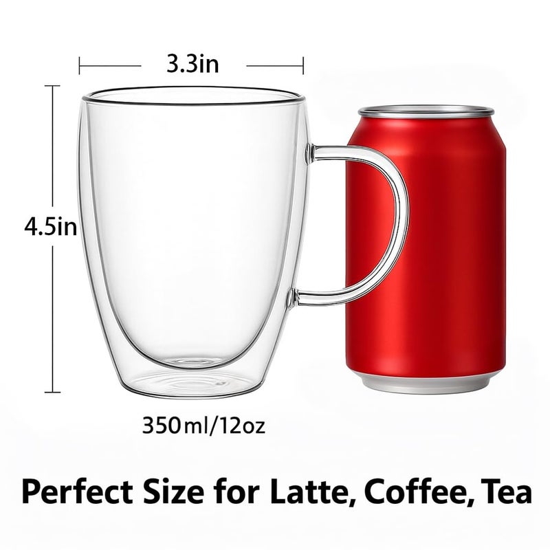 SHANDERBAR Set of 4 Double Walled Glass Coffee Mugs with Handles, 12oz Clear Coffee Mugs for Hot/Cold Beverages, Insulated Borosilicate Glass Cups for Cappuccino, Espresso, Latte, Tea, Milk, Microwave Safe - Image 3